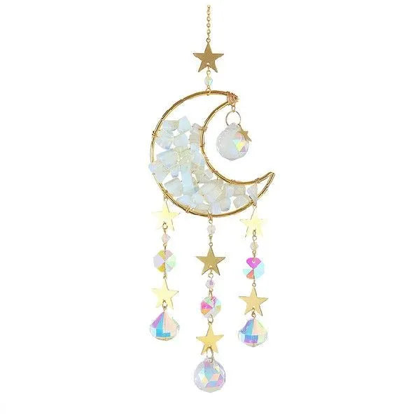 Car interior hanging pendant with large round crystal moon charm on a metal chain.