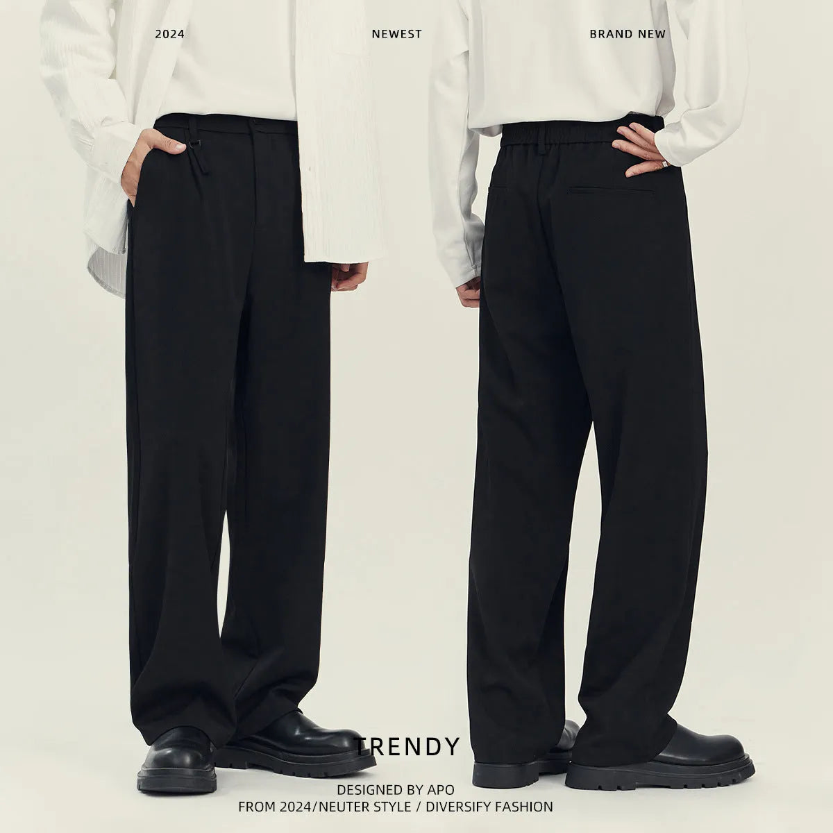 Man's black loose straight-leg business casual trousers made from a draping polyester blend fabric.