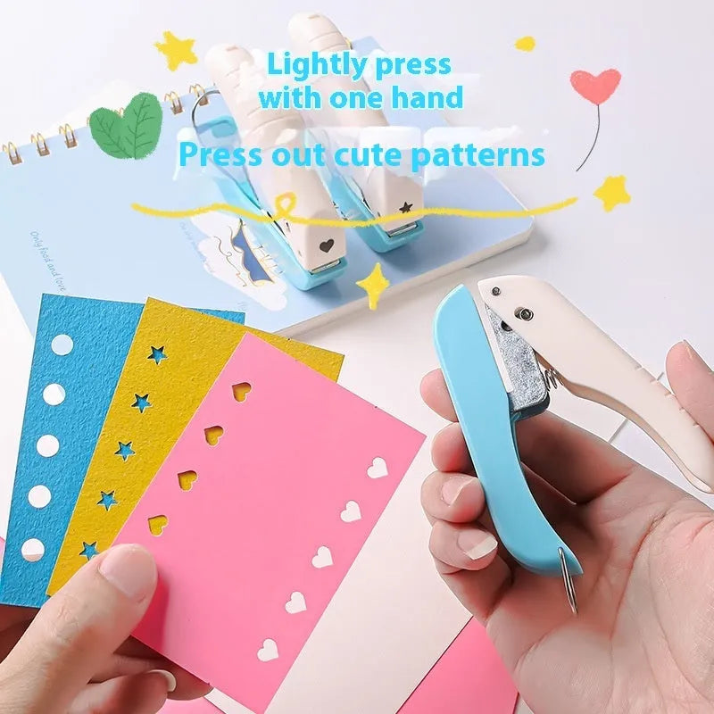 Manual kindergarten pattern punching machine showing 4mm embossing heads for love, star, and round shapes.
