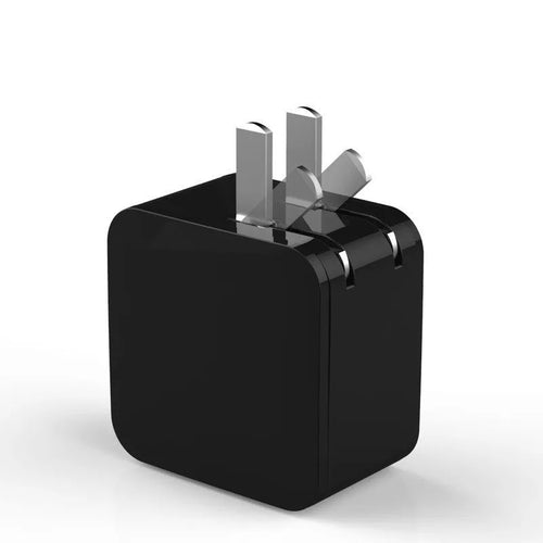 Black 5V2.4A dual USB travel charger with digital display screen and US standard plug.