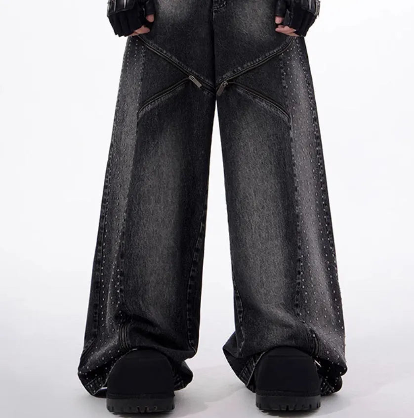 Korean style washed denim wide leg pants with matching waistcoat in black and grey