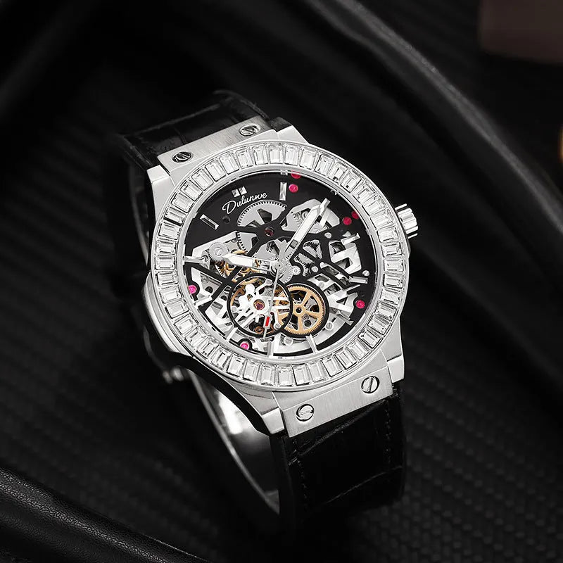 Automatic men's watch with skeleton diamond movement and white case, shown on wrist.