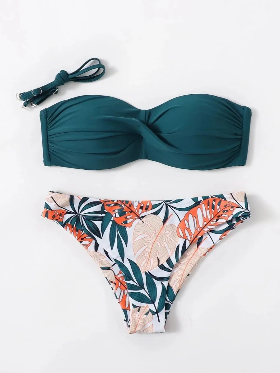 Two-piece bikini swimsuit with hard push up cups in briefs style, shown in available colours.