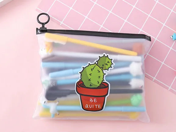 Marvel cartoon pen set showing 20 black 0.5mm pens with cactus designs in plastic storage case