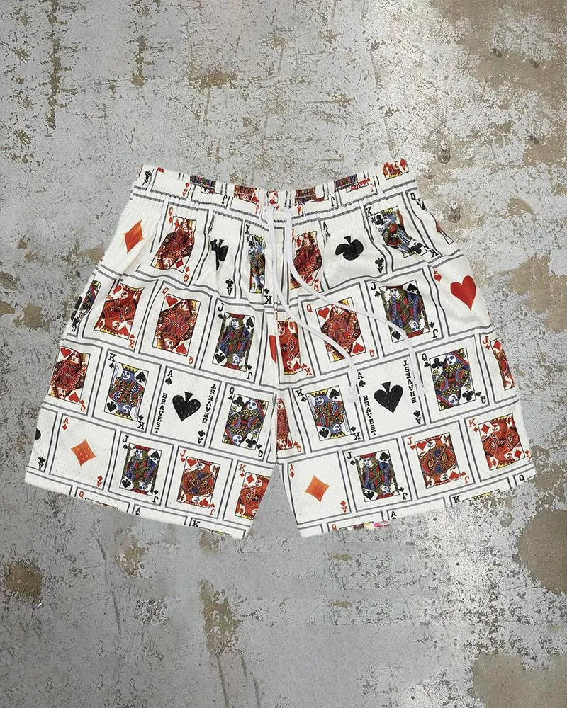 Mens loose fit quick-drying beach shorts with digital print design and elastic waistband in a light colour.
