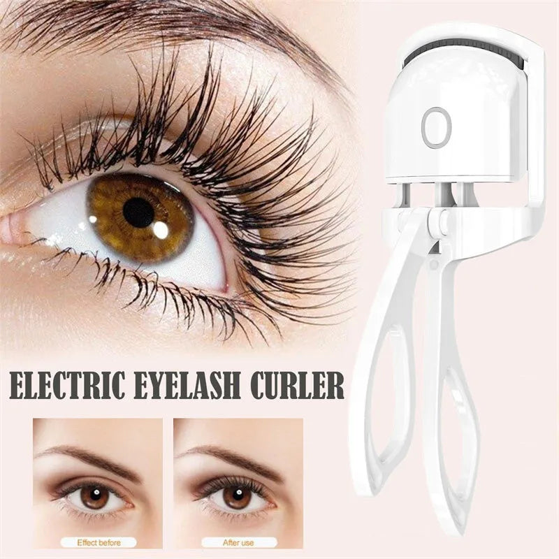 White USB rechargeable heated eyelash curler with dual temperature buttons and compact design.