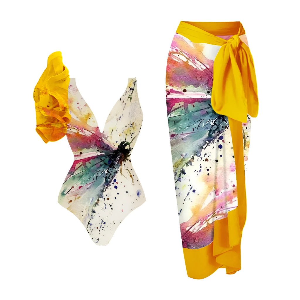 Yellow one-piece swimsuit for women with high waist for stomach coverage.