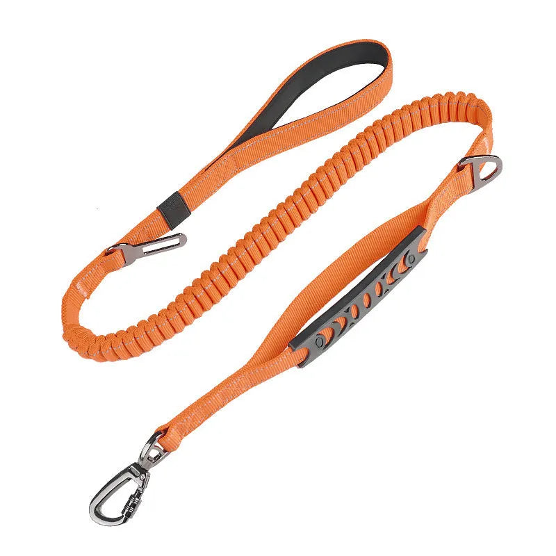 Retractable dog leash with reflective strip and comfort grip handle in black, orange, and khaki colours