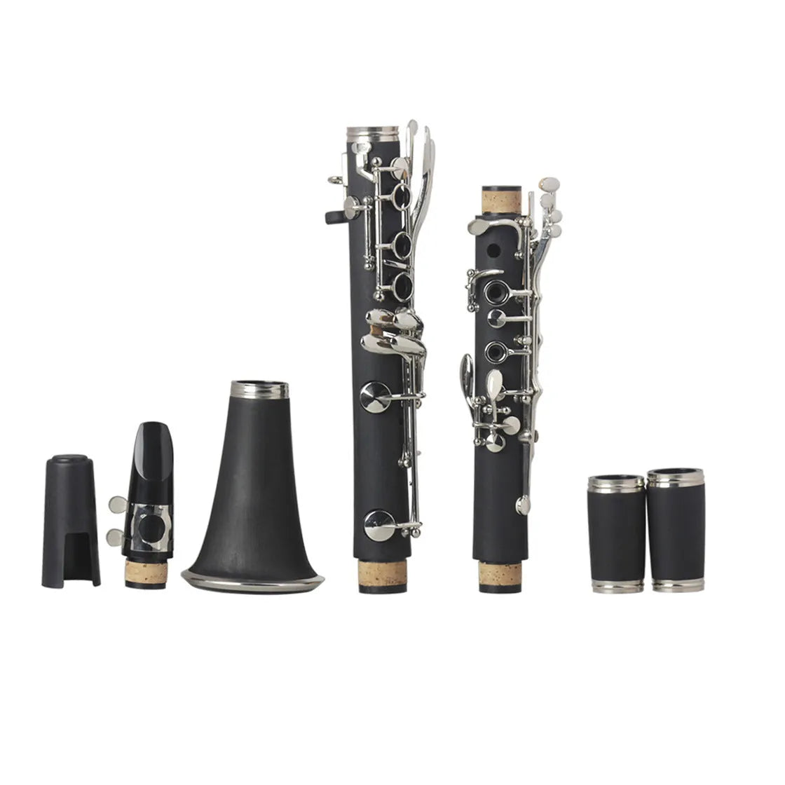 Black bakelite beginner clarinet with nickel-plated 17 keys and a included instrument bag.