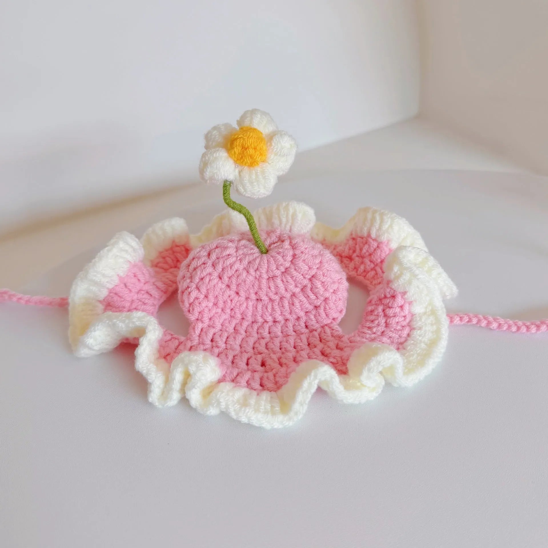 Knitted cartoon-style hat for a cat or small dog on a green background