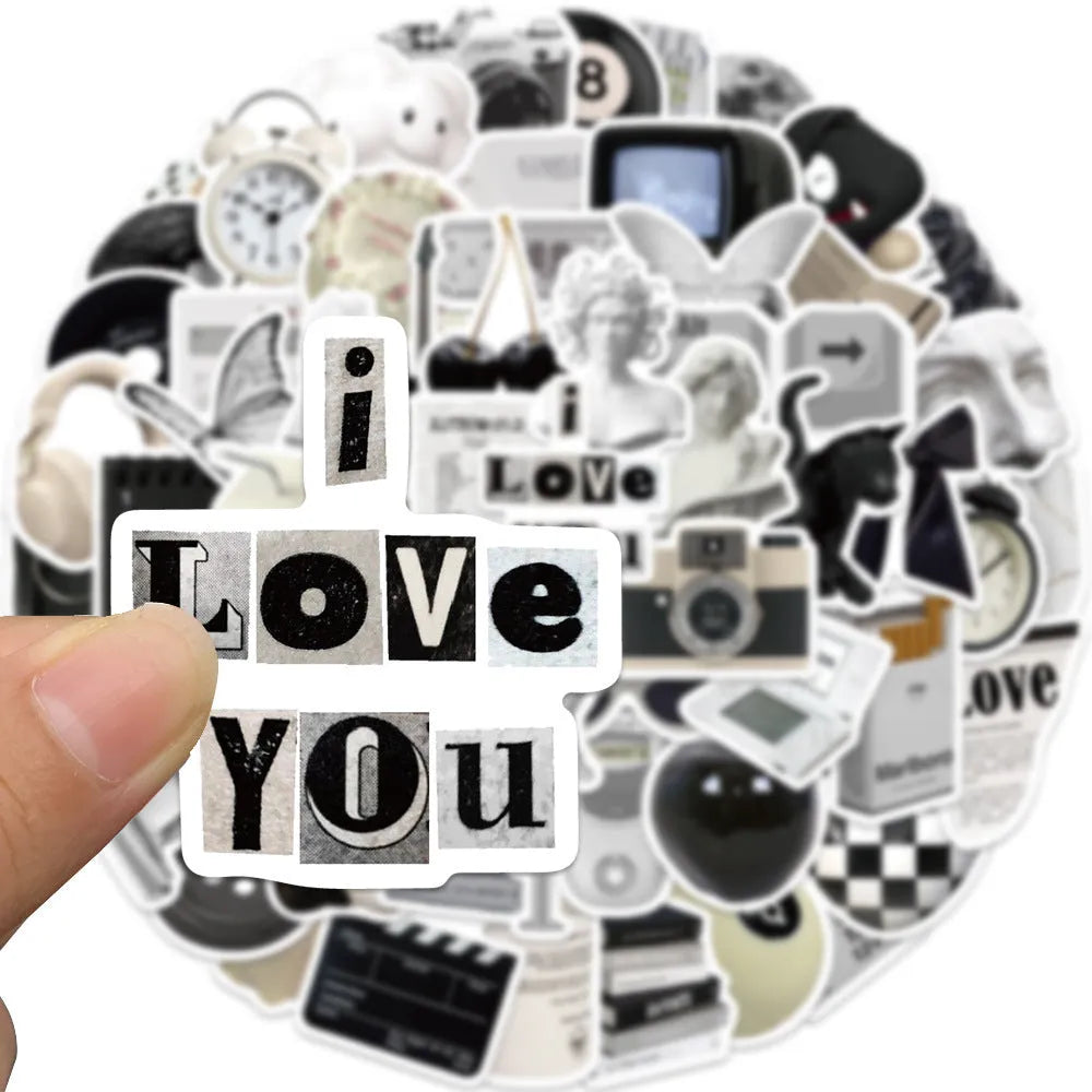 Pack of 61 black and white simple style PVC waterproof stickers for laptops and phones.
