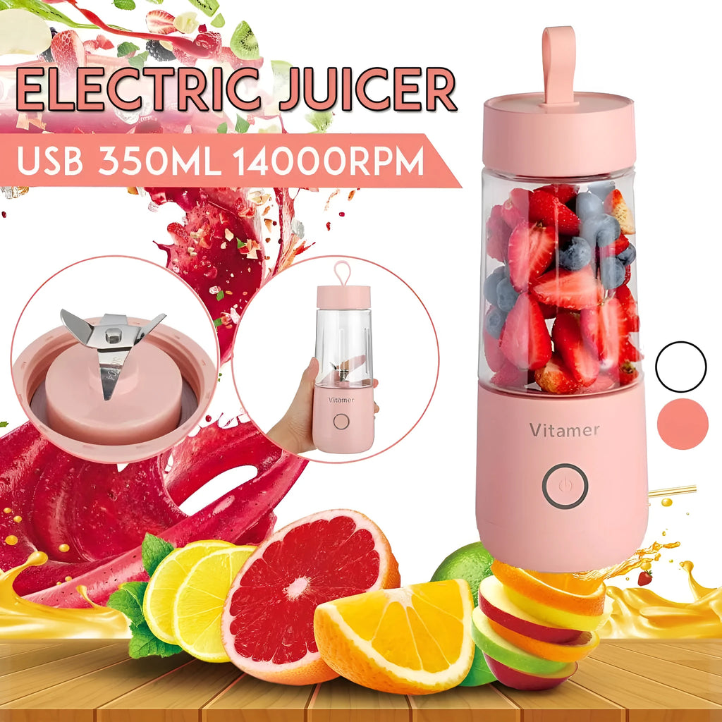 White portable USB rechargeable blender juicer with 350ml Tritan cup and silicone carry handle