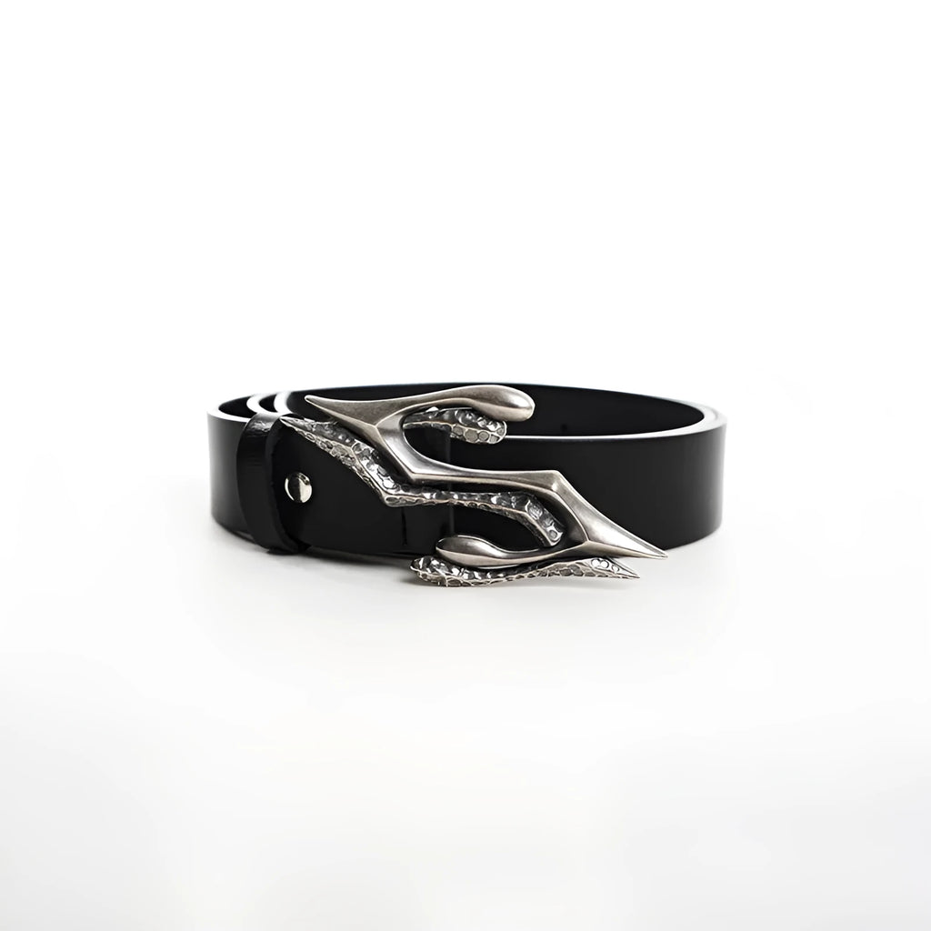 Black men's leather belt with a metal letter buckle showing 110cm length