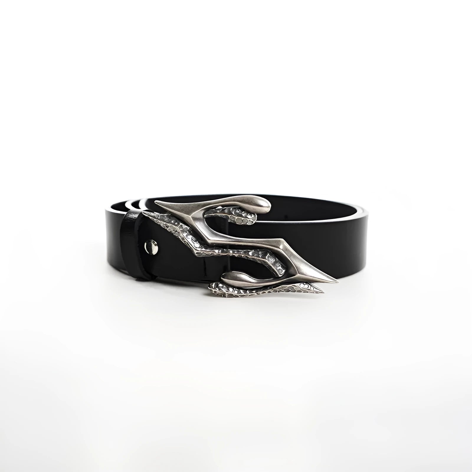 Black men's leather belt with a metal letter buckle showing 110cm length