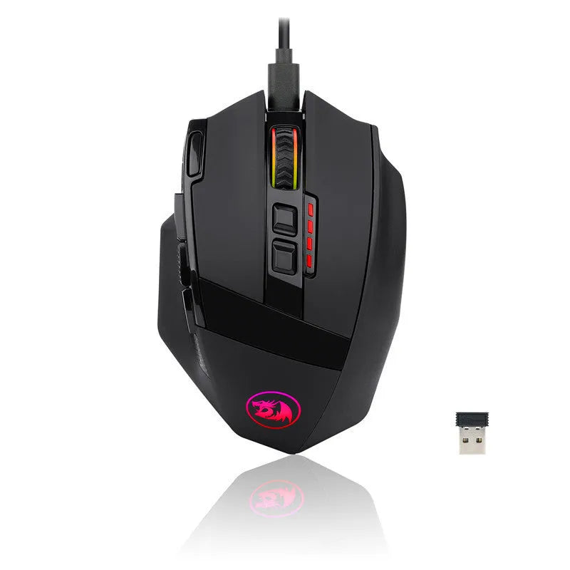Redragon M801P black wireless gaming mouse with multiple side buttons on a desk.
