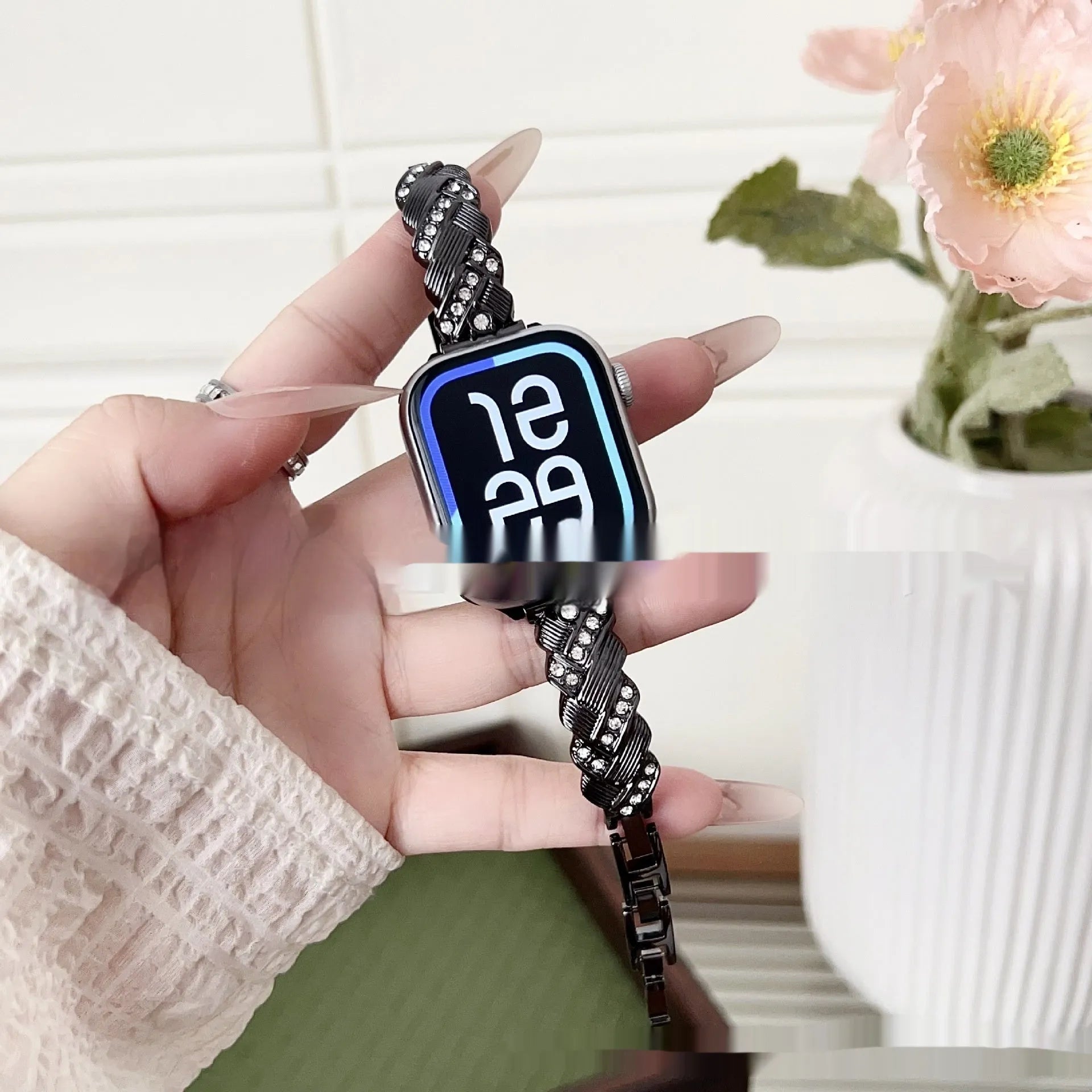 Twist diamond pattern metal watch strap for Apple Watch in silver, rose gold, gold, black, or Starlight colours