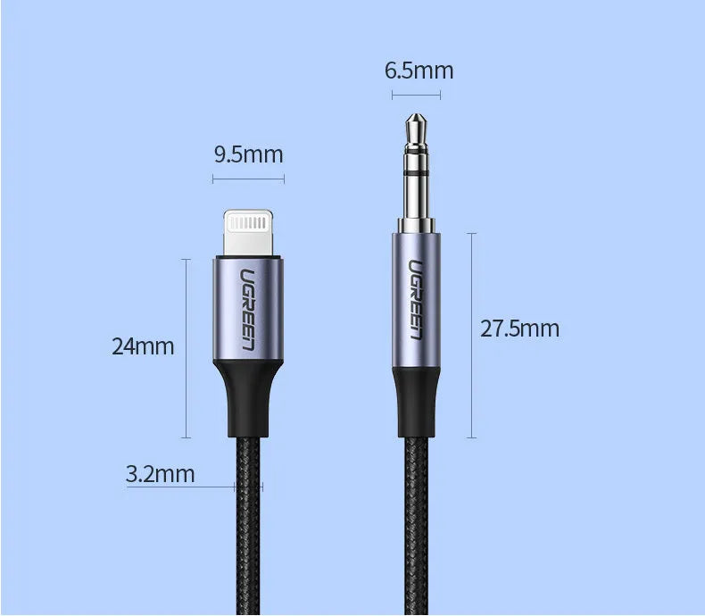 Black Apple Lightning to 3.5mm audio cable with shiny braided finish and aluminum connectors for car use.