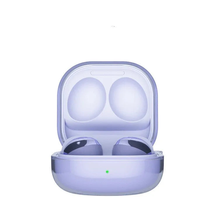Translucent Bluetooth ear case in clamshell design showing interior earbud compartments
