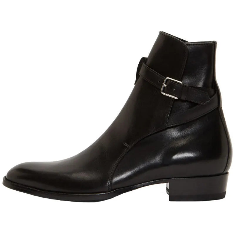Men's pointed-toe leather martin boots with buckle fastening and leather stitching, brown matte finish