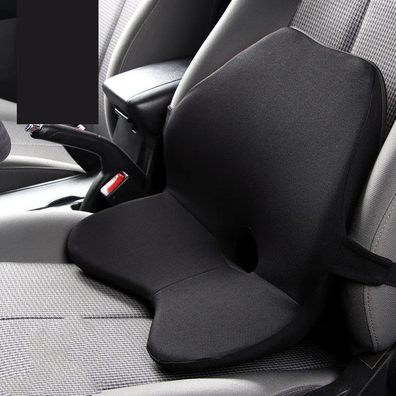 Car lumbar support cushion with memory foam, shown in beige and black, featuring a one-piece design.