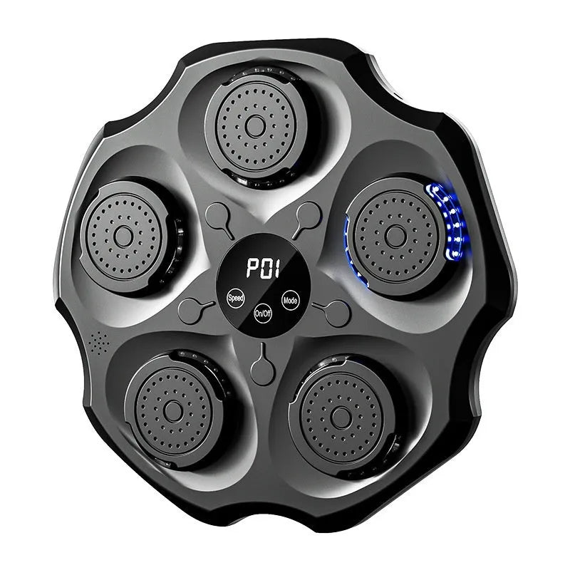 Black hanging PU boxing wall target with Bluetooth music recognition and included glove for home fitness.