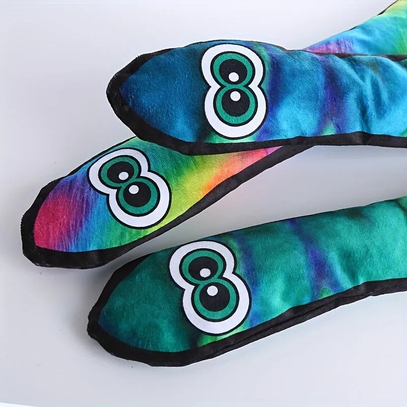 Multicolour snake-shaped plush dog squeaky toy with stripe print