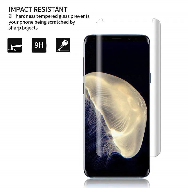 Tempered glass screen protector for Samsung Galaxy phone with black border and anti-fingerprint coating.
