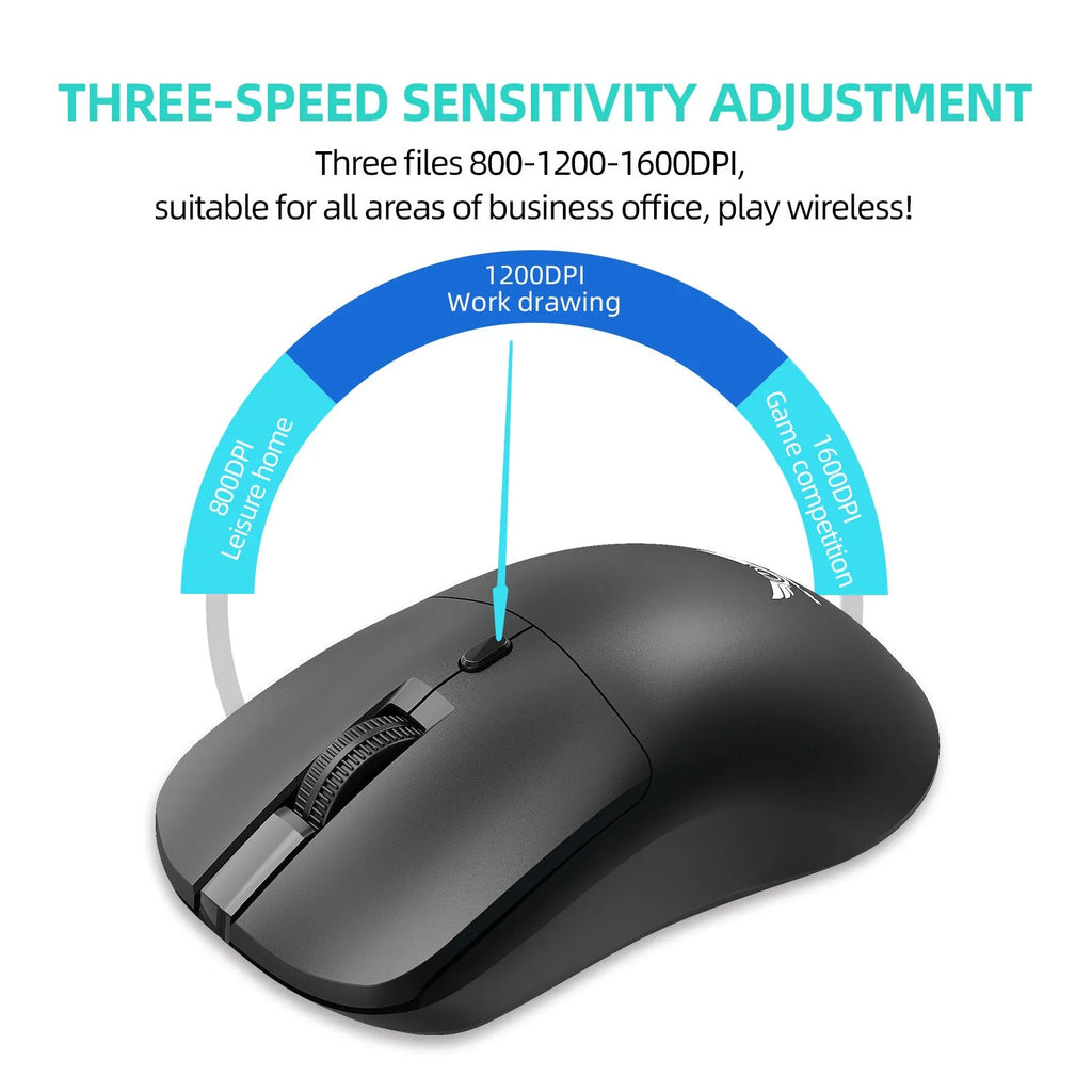 Black wireless mouse with three DPI settings and audio control button for laptop use