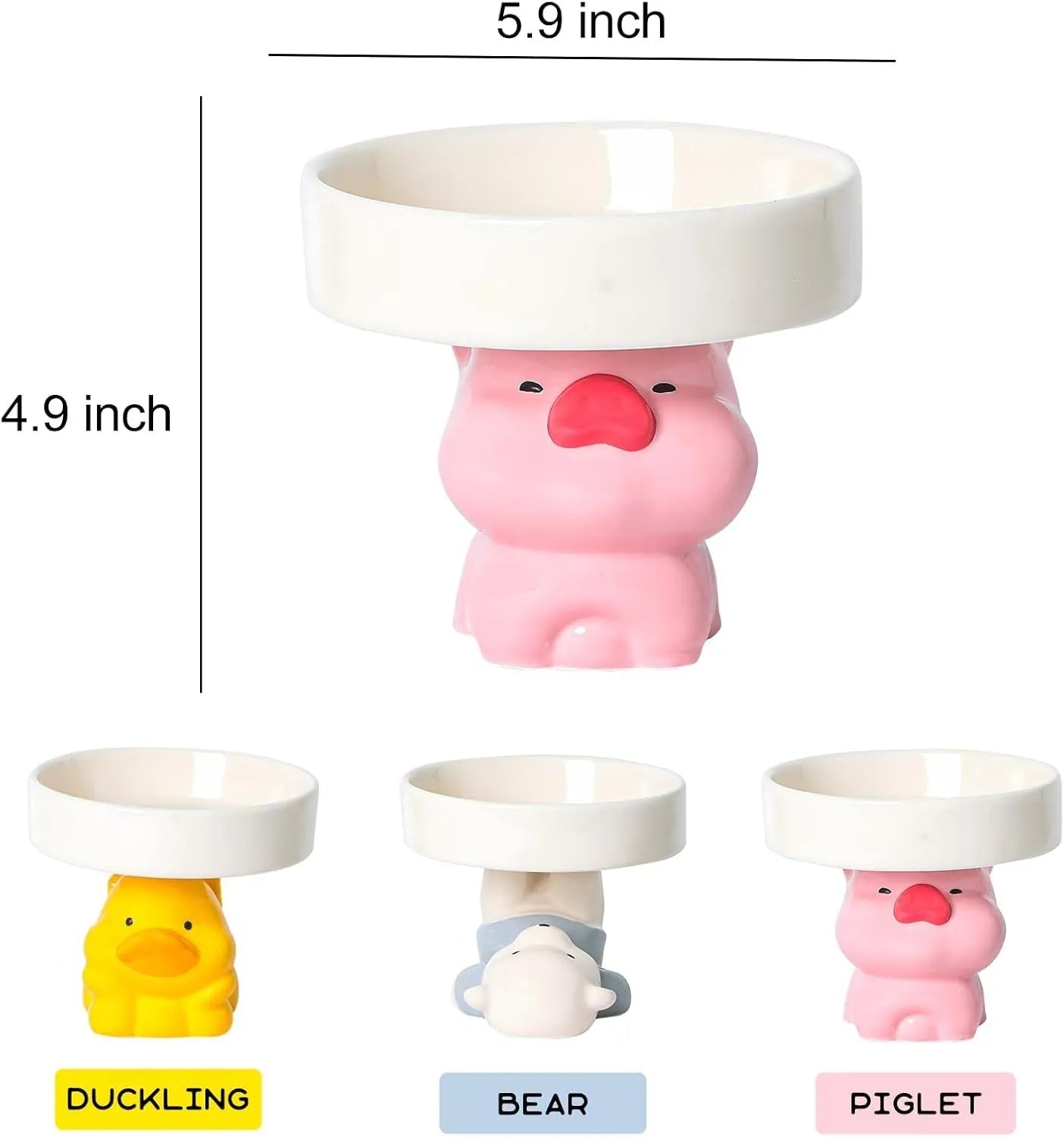 White ceramic raised cat bowl with a bear design, showing its elevated stand and wide feeding dish.