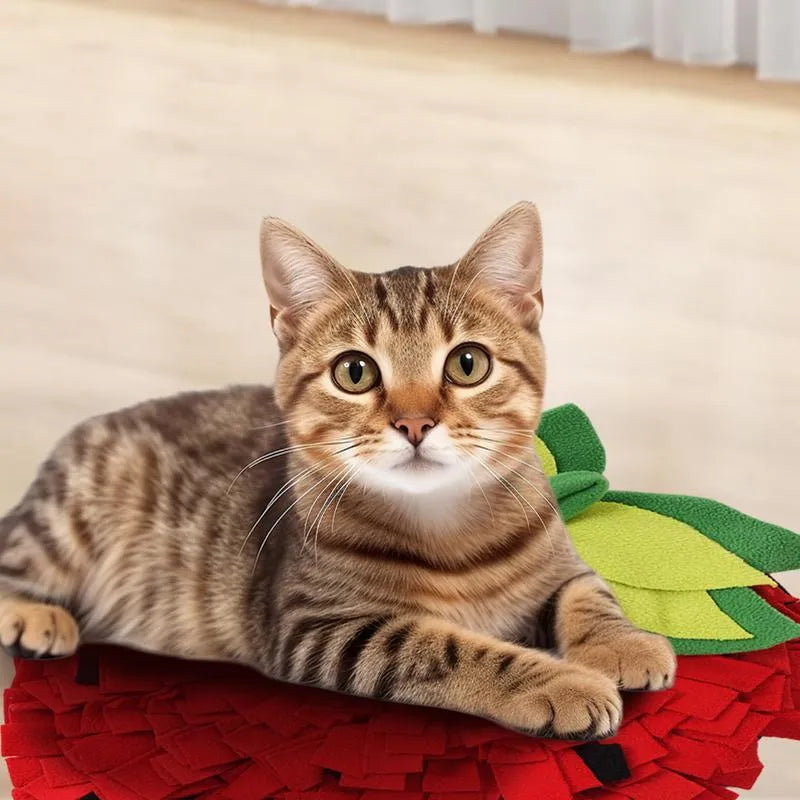 Red and green strawberry-shaped interactive slow feeder mat for pets on a floor.