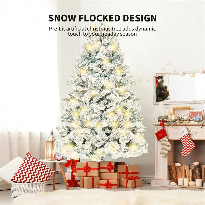 Green and white artificial PVC Christmas tree with snow effect and metal stand.