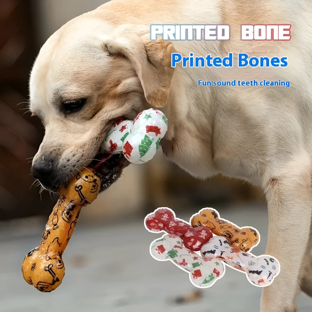 TPR bone-shaped dog toy with nibbling sound mechanism in seasonal colour designs