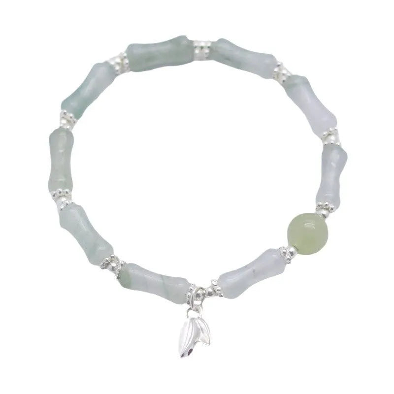 Antique sterling silver bracelet with natural Tianshan green bamboo segments for women