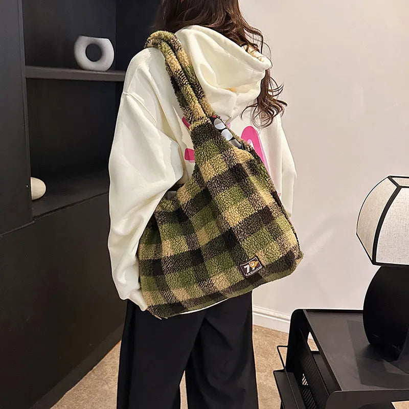 Women's plaid crossbody tote bag in Army Green with horizontal square shape and soft plush material