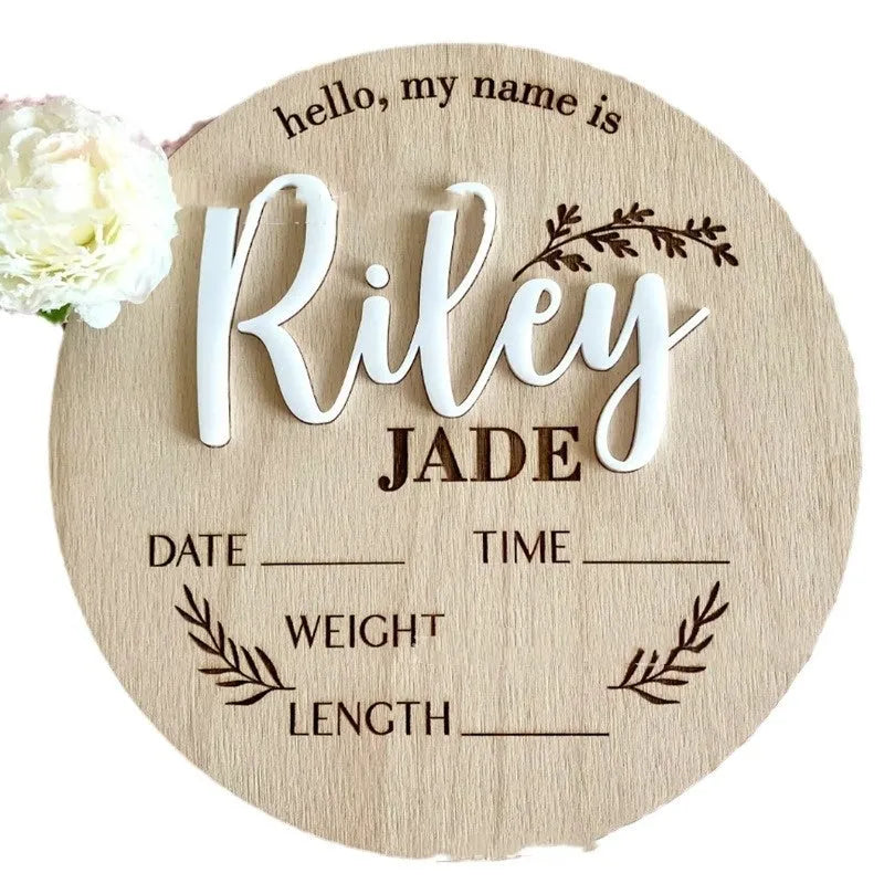 Square wooden newborn name plaque with birth information, 15cm, in three style options.
