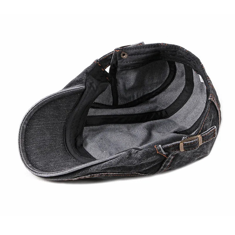 Fashion wash cotton denim beret with flat top, curly brim, and tie-dye pattern in dark denim blue colour
