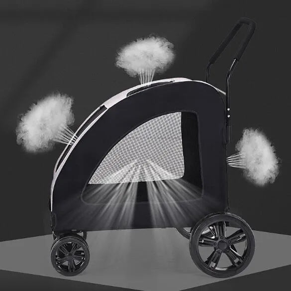 Grey foldable pet stroller for medium to large dogs with metal frame and cloth body