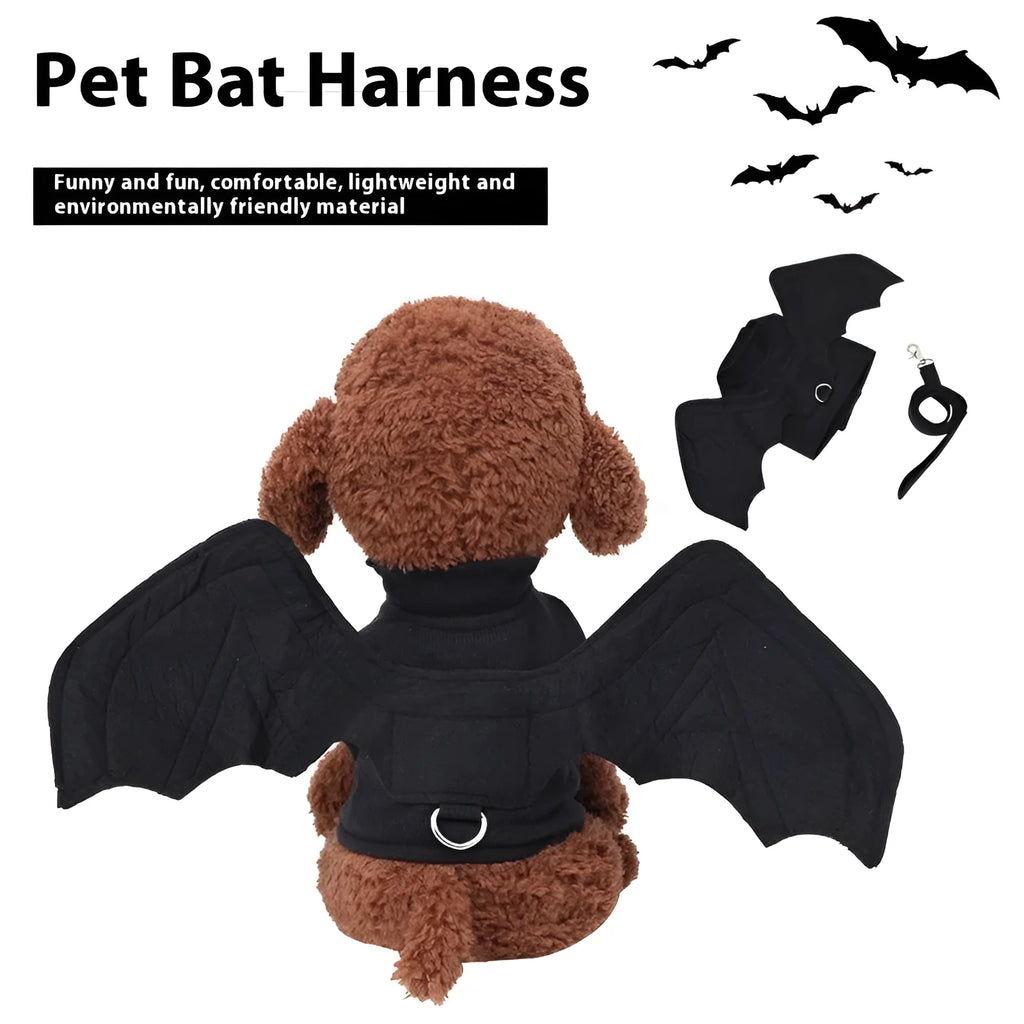 Black bat wings Halloween costume accessory for dogs in three sizes with chest harness attachment