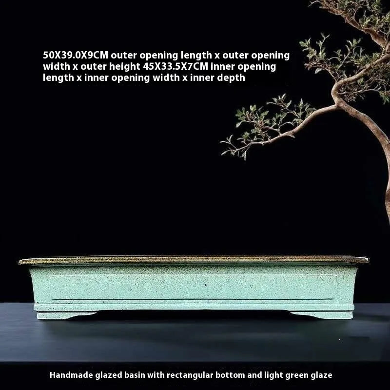Green crackled glaze handmade ceramic bonsai pot with purple sand finish