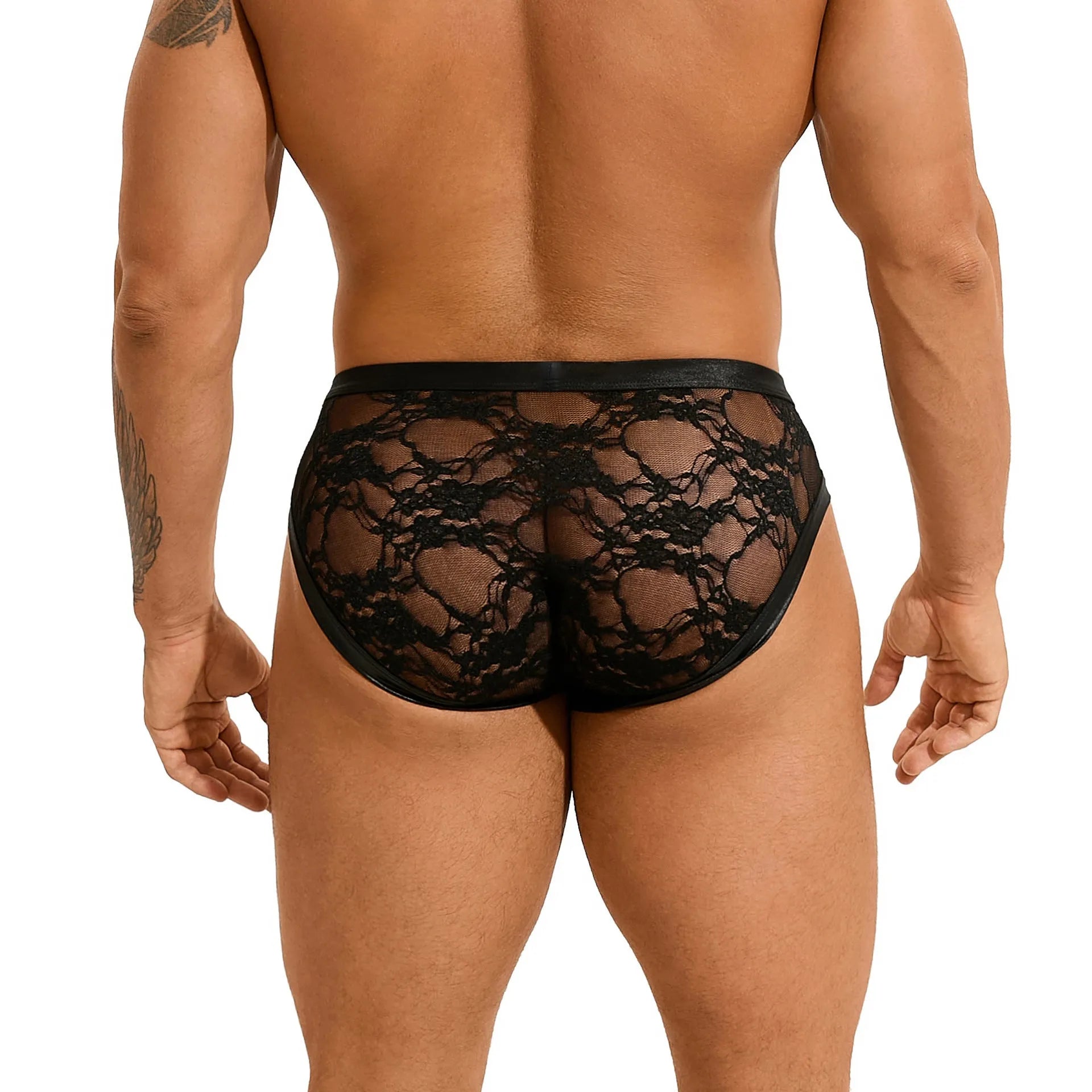 Black men's faux leather briefs with lace stitching detail in multiple sizes