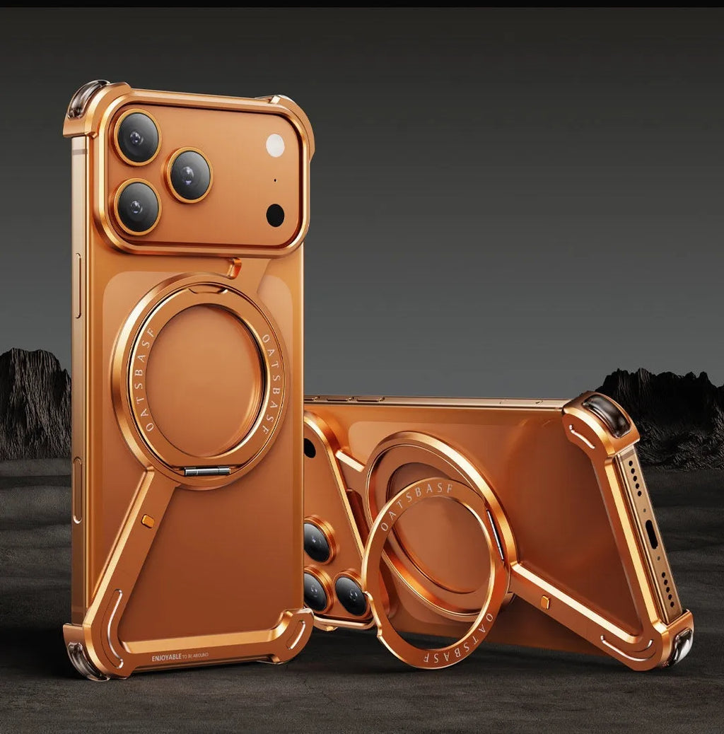 iPhone 17 Pro Max metal phone case with magnetic bracket in black colour showing electroplated finish