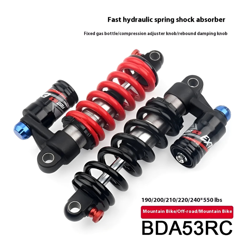 Red aluminium spring shock absorber for mountain bike with adjustable settings and 550lb rating