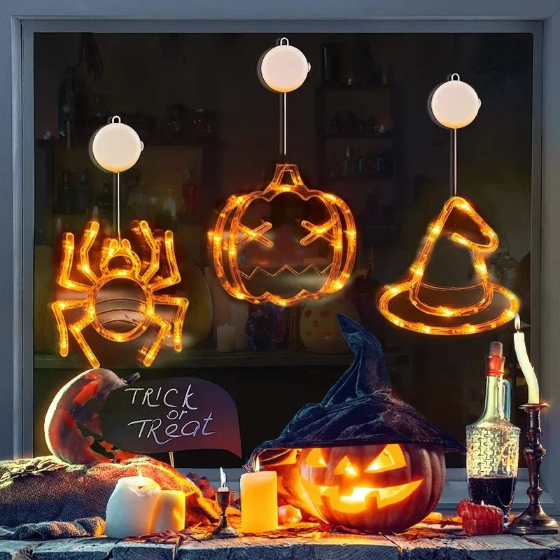 Halloween window hanging LED lights with ghost, spider, and pumpkin designs