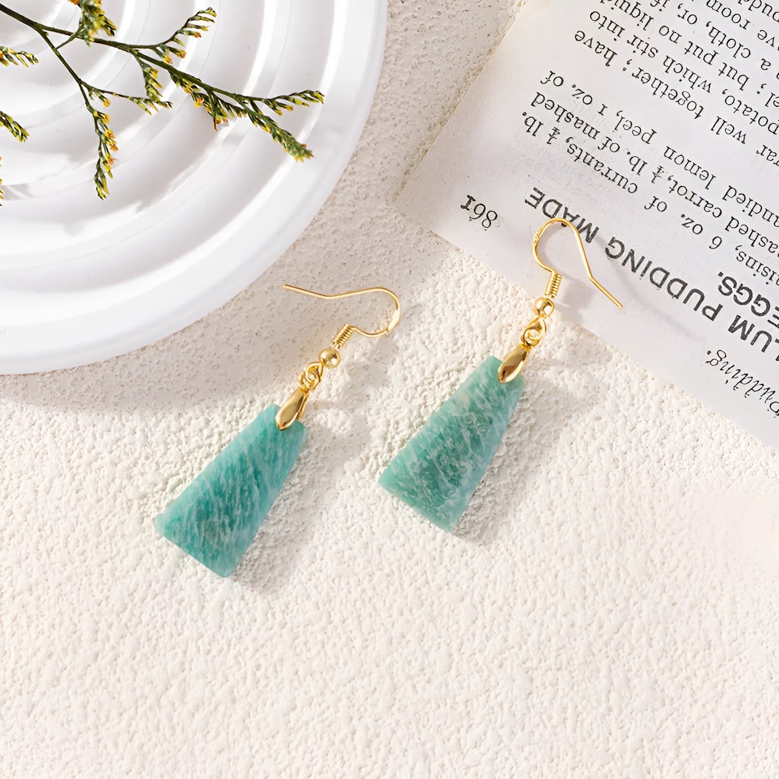 Pure natural amazonite trapezoid earrings with geometric cut in gold or silver setting
