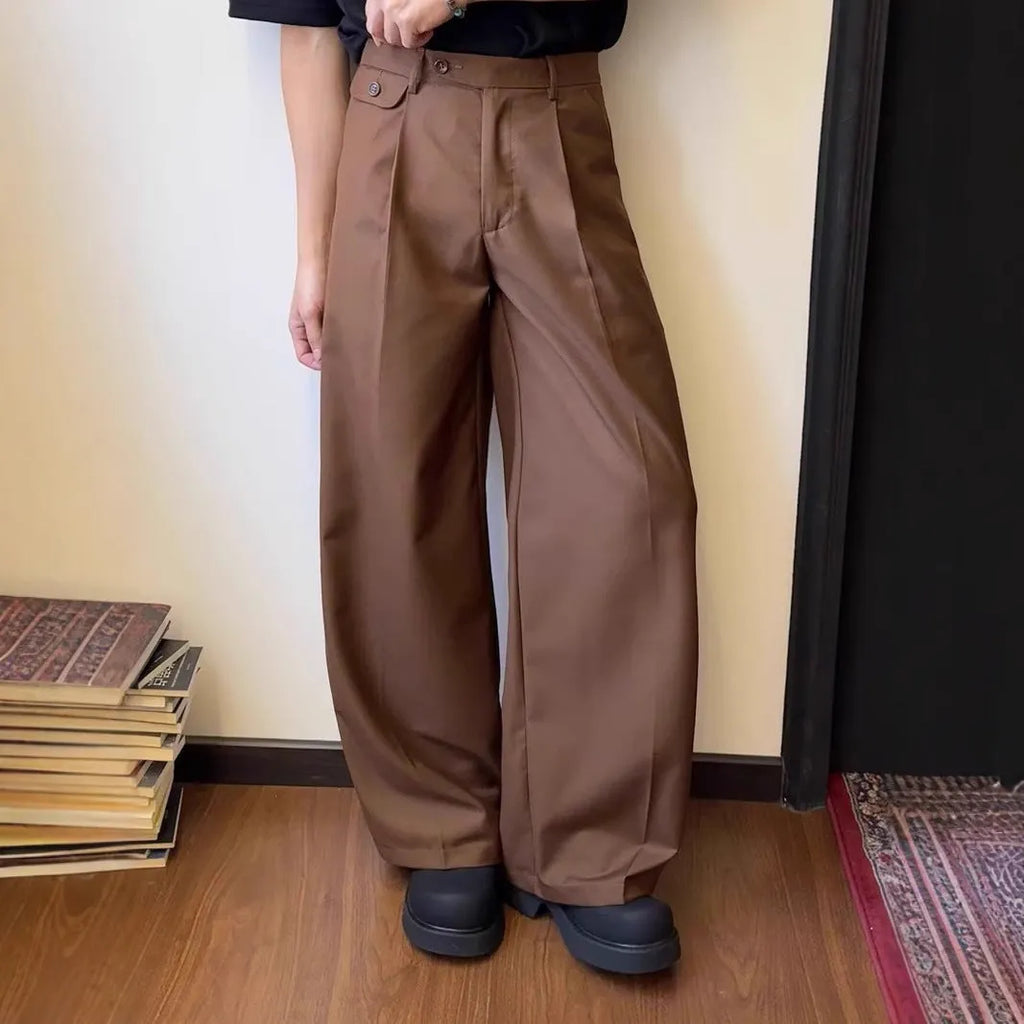 Men's straight-leg casual trousers in black with wide-leg loose cut