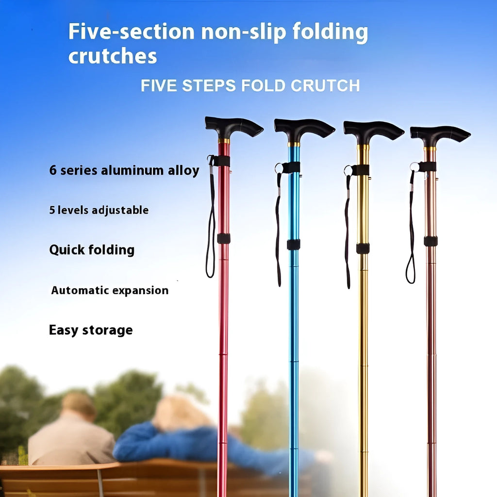 Adjustable aluminium folding cane in multiple colours, shown extended and folded.