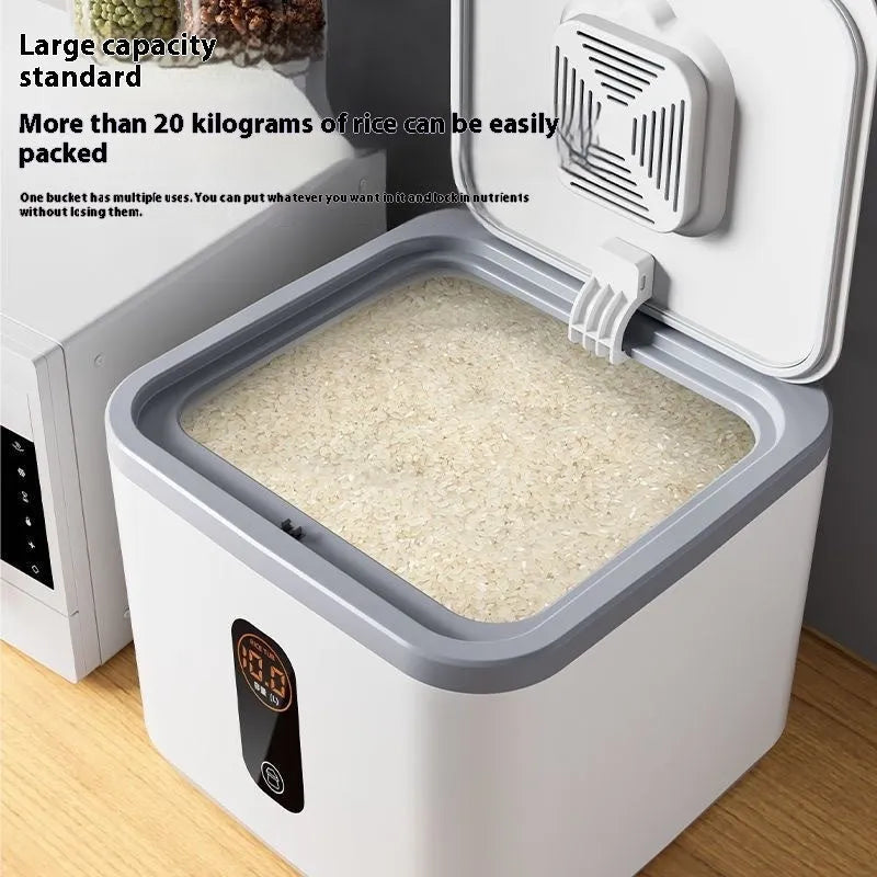 Grey plastic rice storage jar with airtight lid in three size options for kitchen pantry organisation