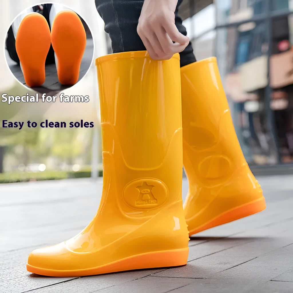 Flat washable plastic rain boots in white with high tube design and round toe
