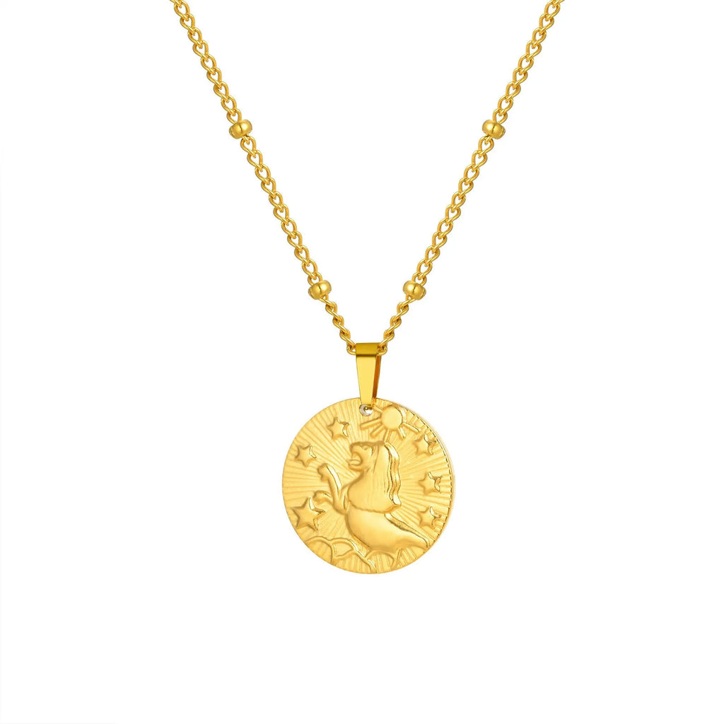 Stainless steel zodiac constellation bead necklace with embossed designs and cross chain