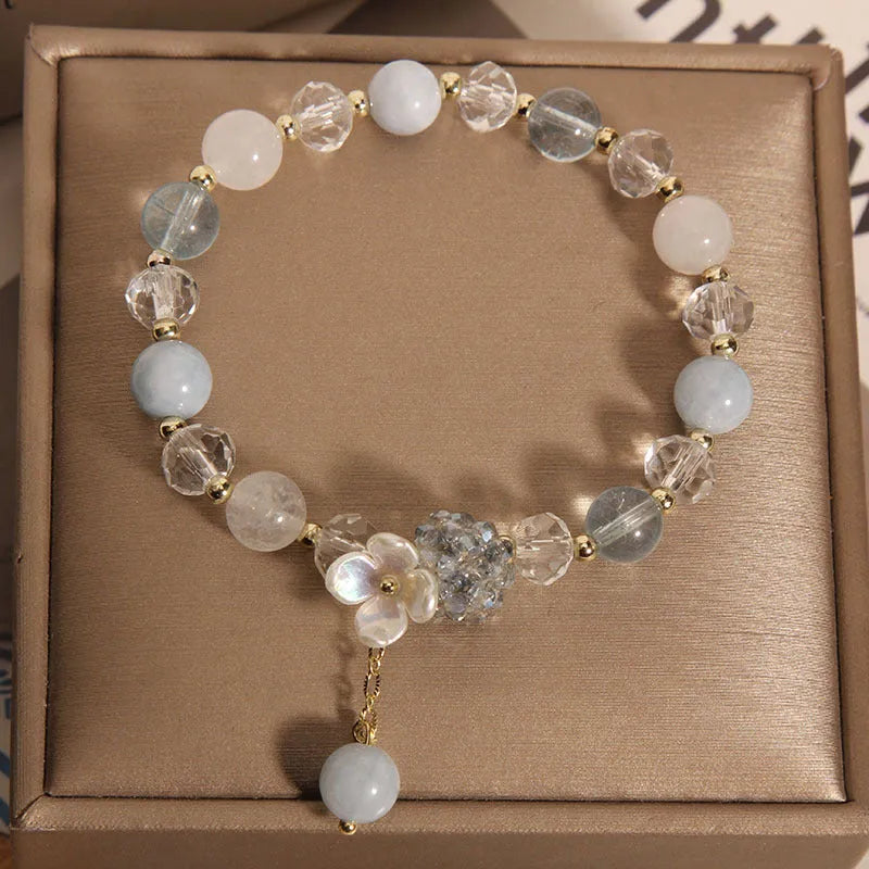 Opal and crystal woven bracelet with cat flower motif, couple style, Crystal Woven Ball option